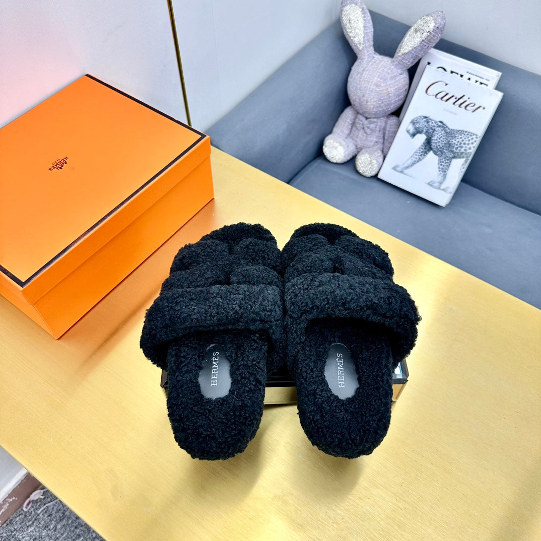 Hermes Chypre Sandal in Black Shearling