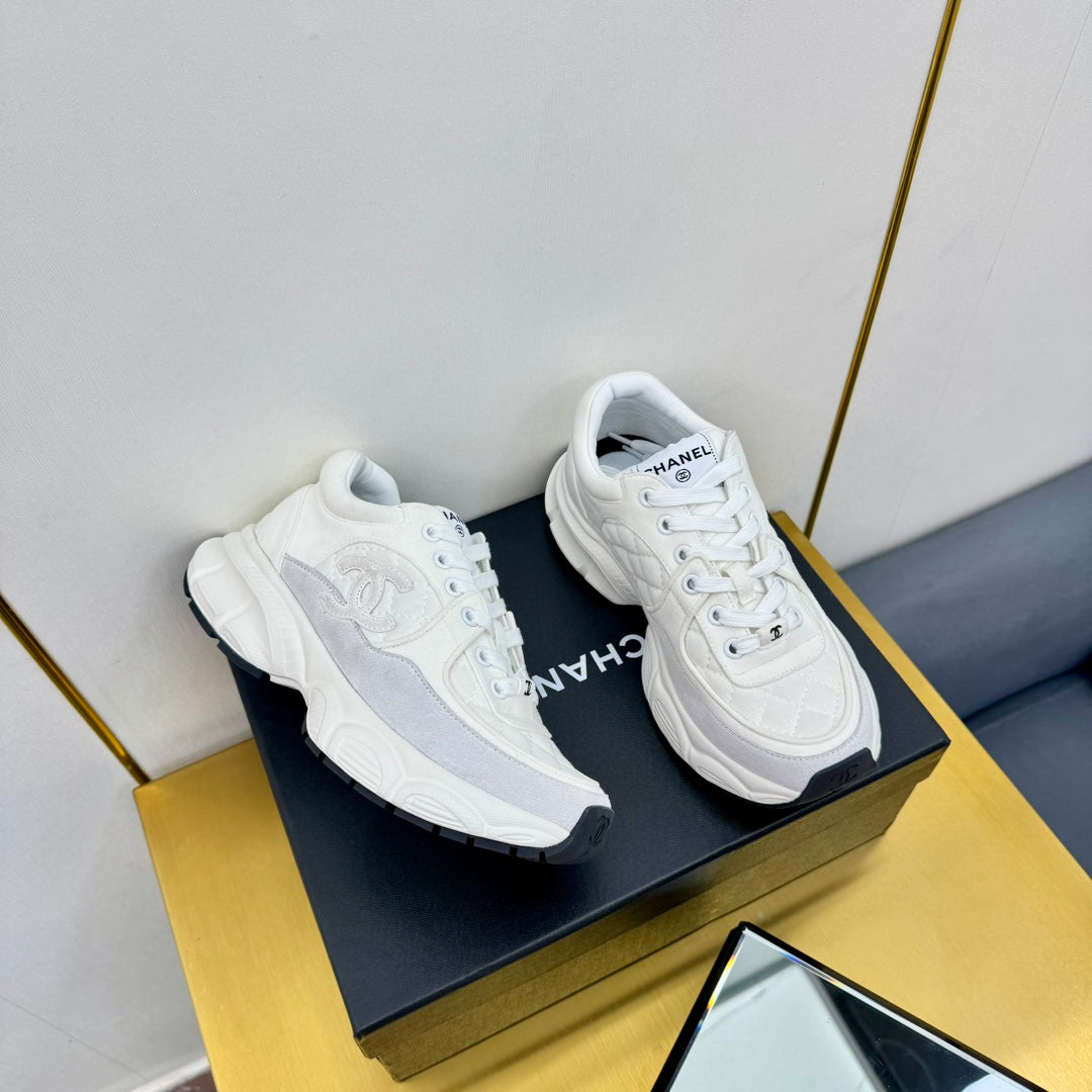 Chanel Dad Sneaker in White Lambskin and Suede