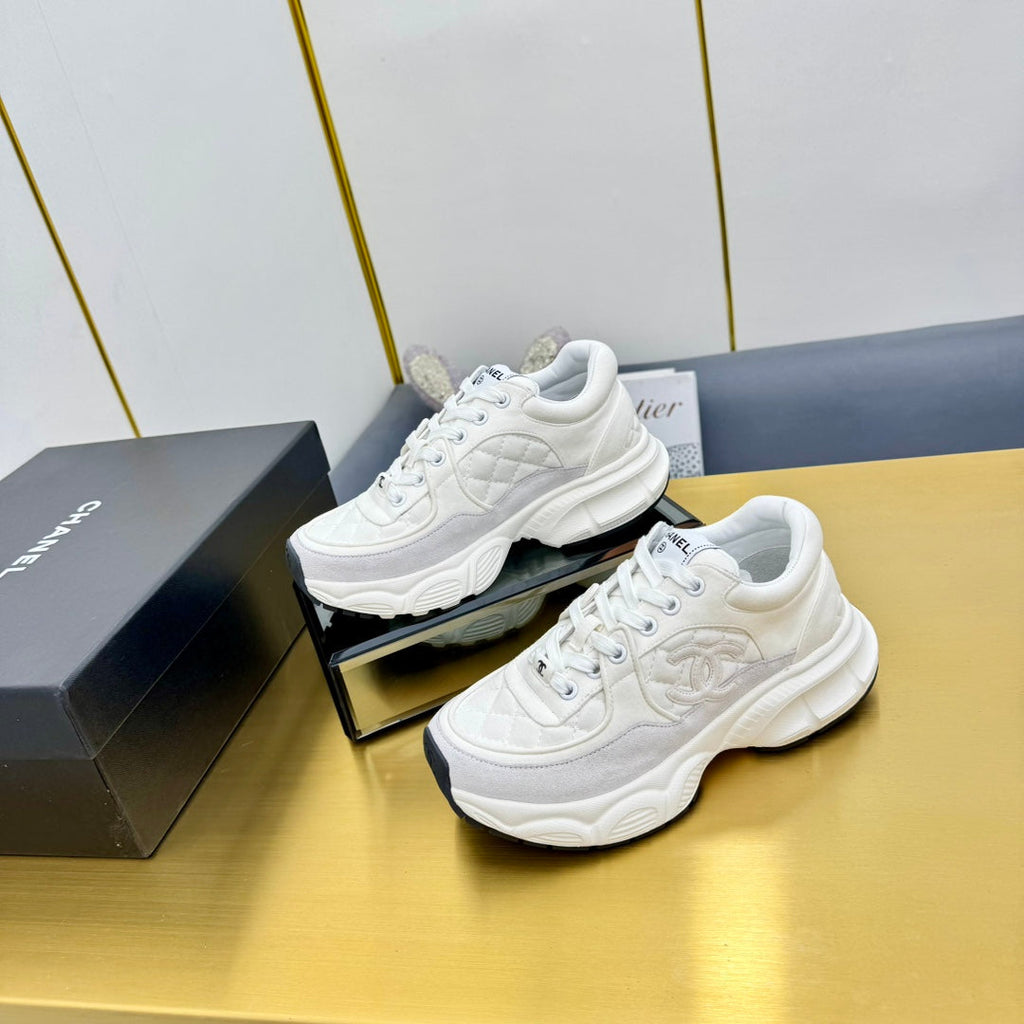 Chanel Dad Sneaker in White Lambskin and Suede