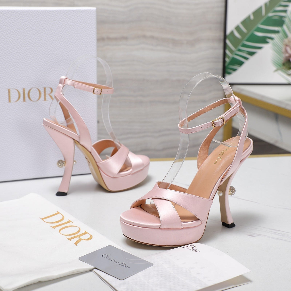 Dior Pearl-Embellished High Heel Sandals 25S 115 mm in Light Pink Satin