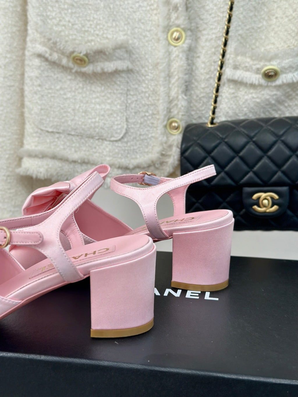 Chanel Double Big Bow High Sandal Sheepskin Light Pink