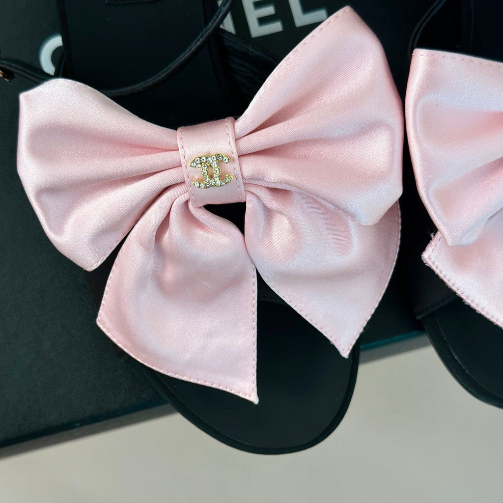 Chanel Double Big Bow High Sandal Sheepskin Light Pink/ Black