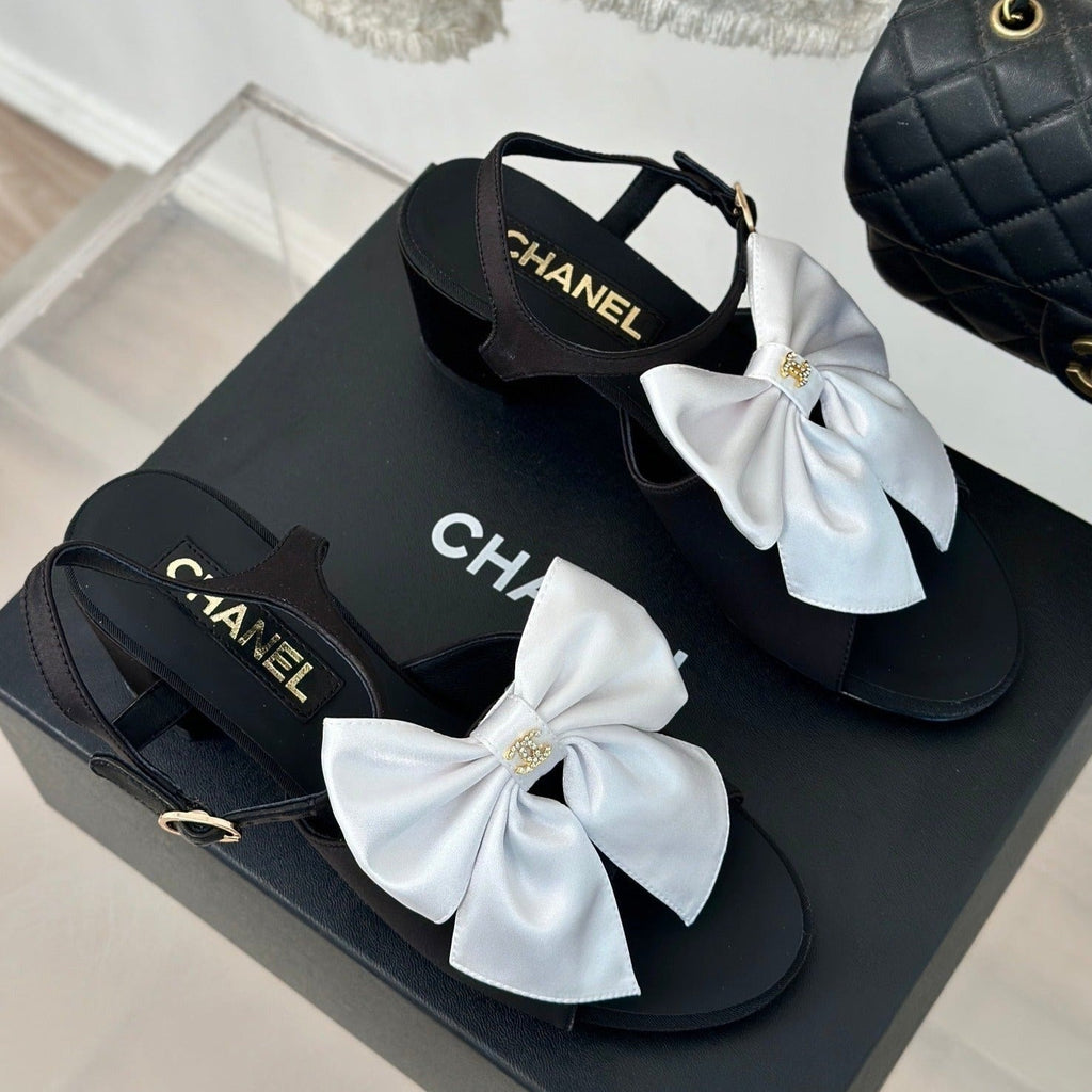 Chanel Double Big Bow High Sandal Sheepskin Black White