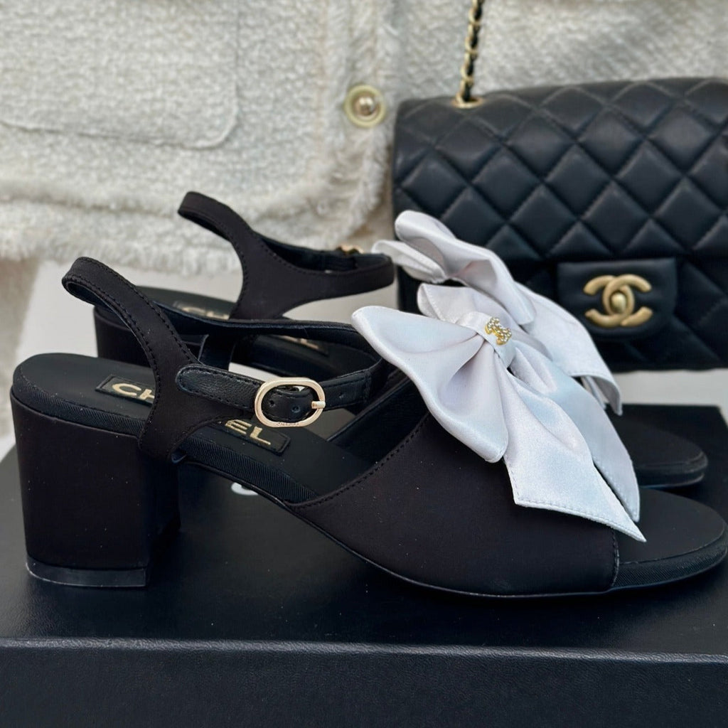 Chanel Double Big Bow High Sandal Sheepskin Black White