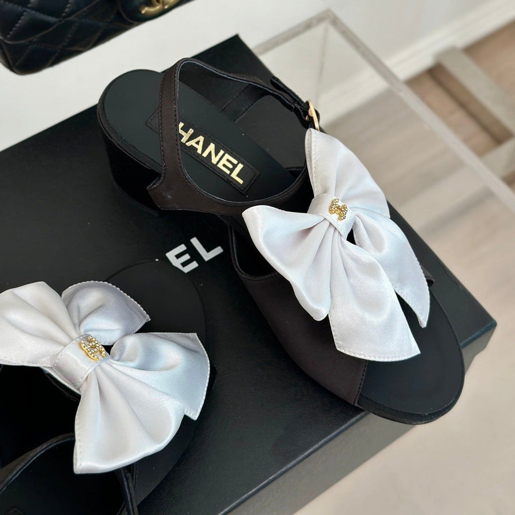 Chanel Double Big Bow High Sandal Sheepskin Black White