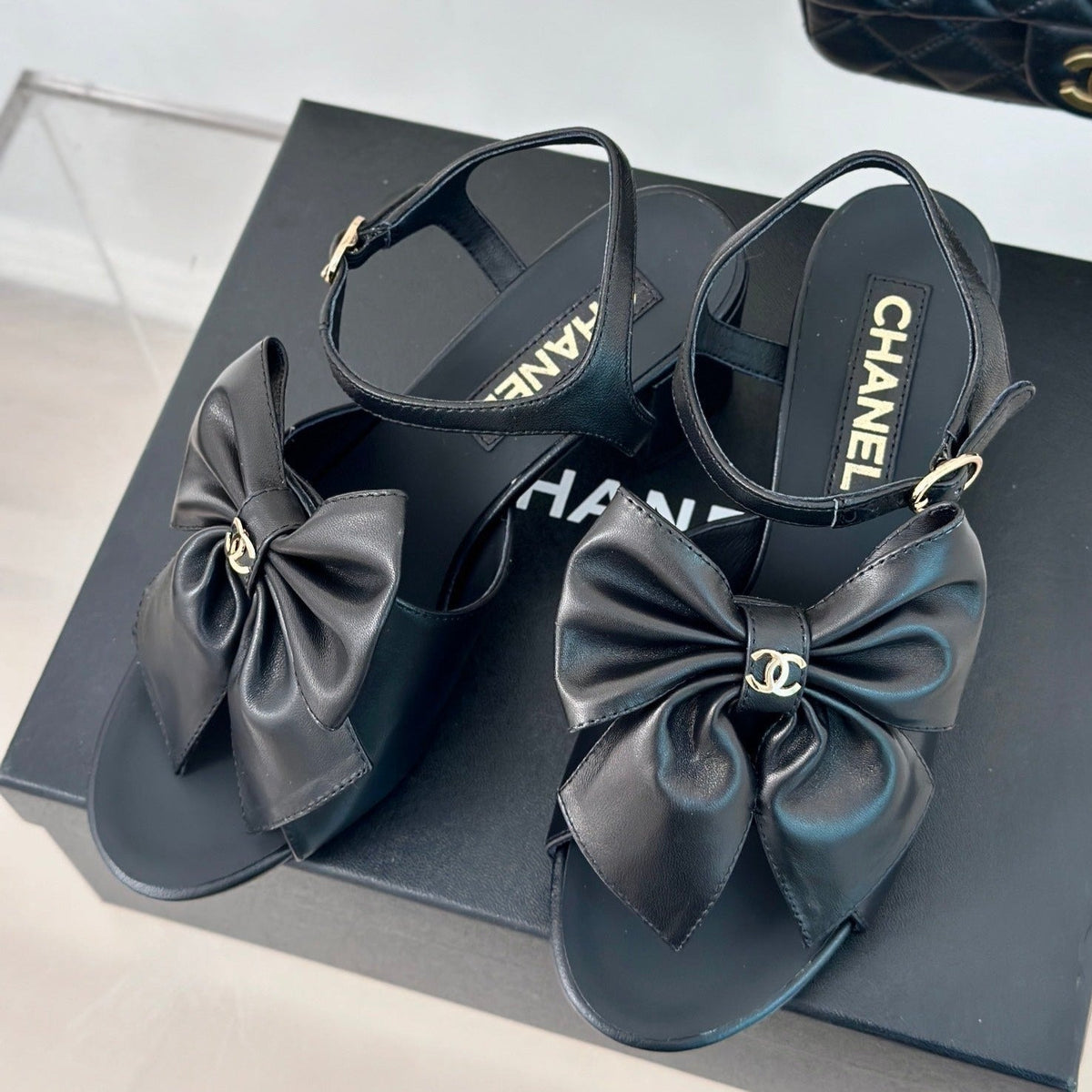 Chanel Double Big Bow High Sandal Sheepskin Black