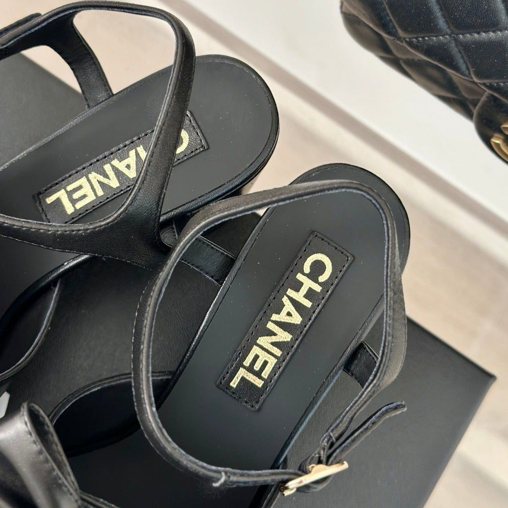 Chanel Double Big Bow High Sandal Sheepskin Black