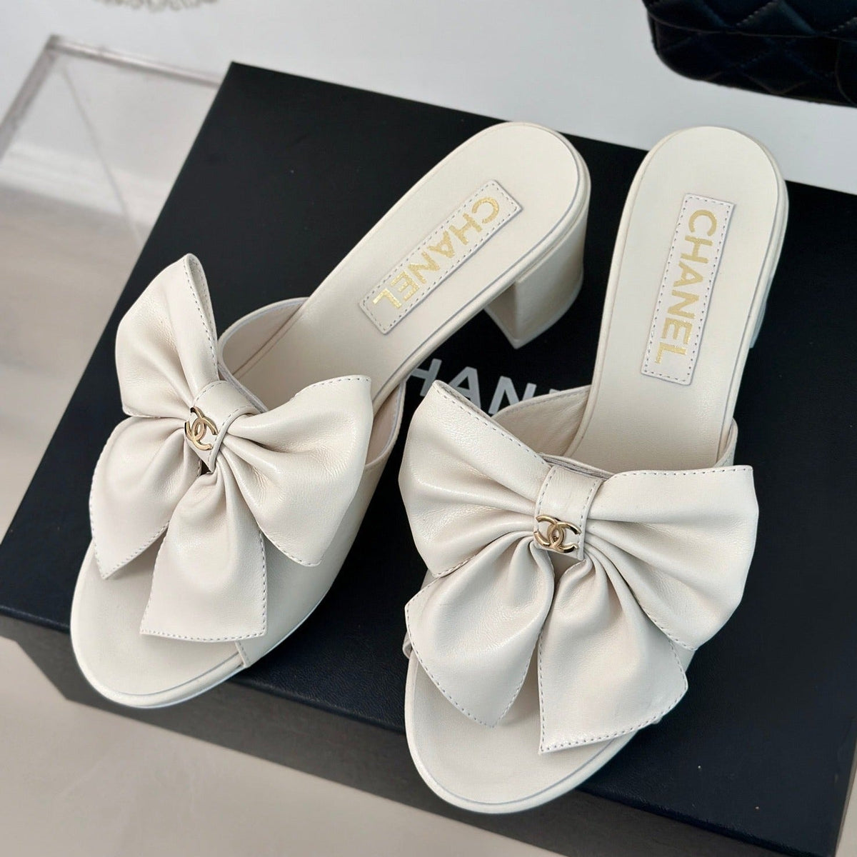 Chanel Double Big Bow High Heels Sheepskin White