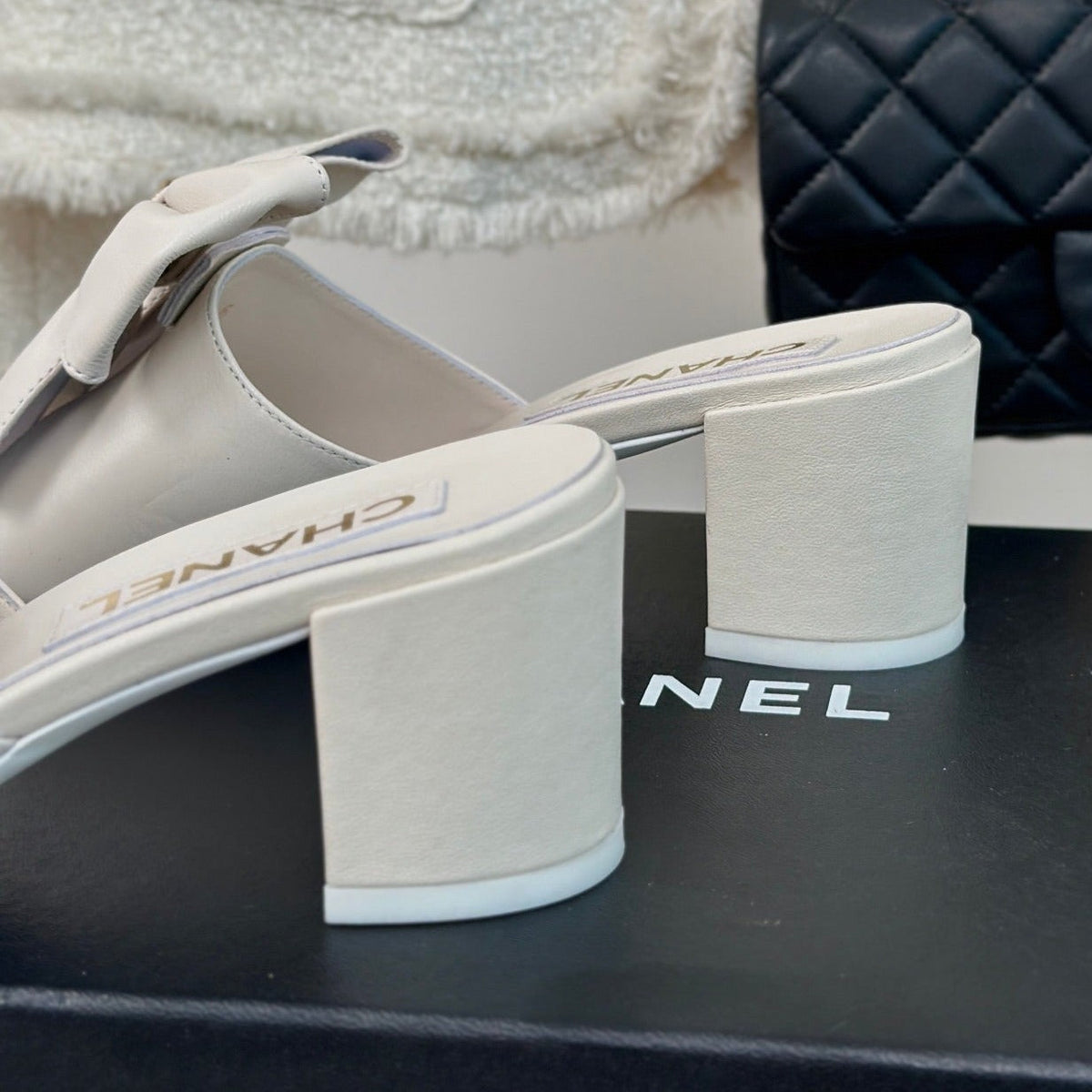 Chanel Double Big Bow High Heels Sheepskin White