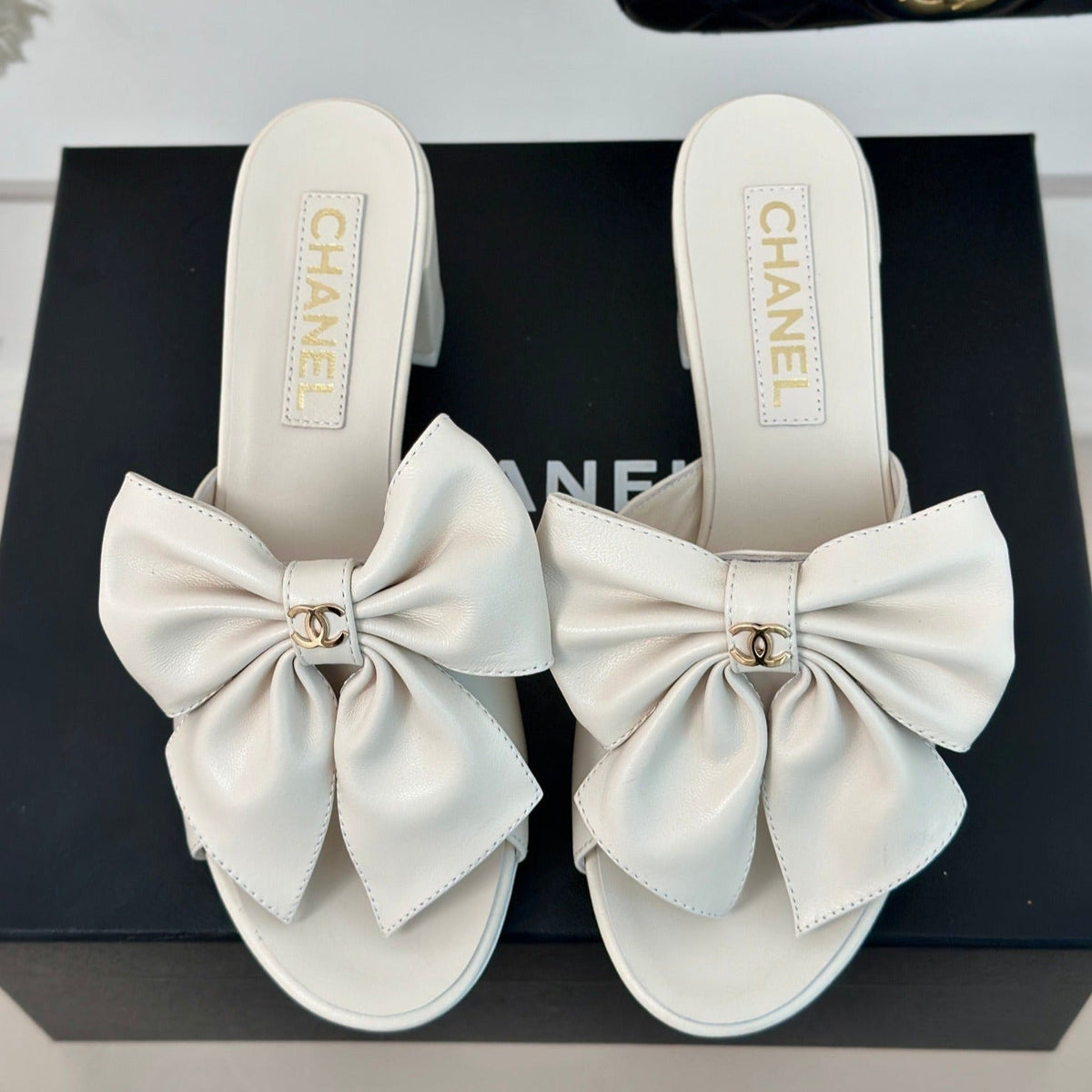 Chanel Double Big Bow High Heels Sheepskin White