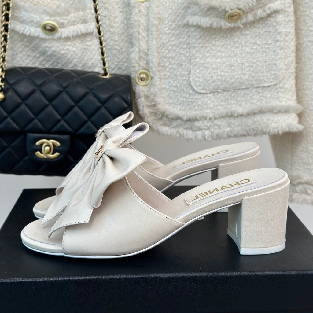 Chanel Double Big Bow High Heels Sheepskin White
