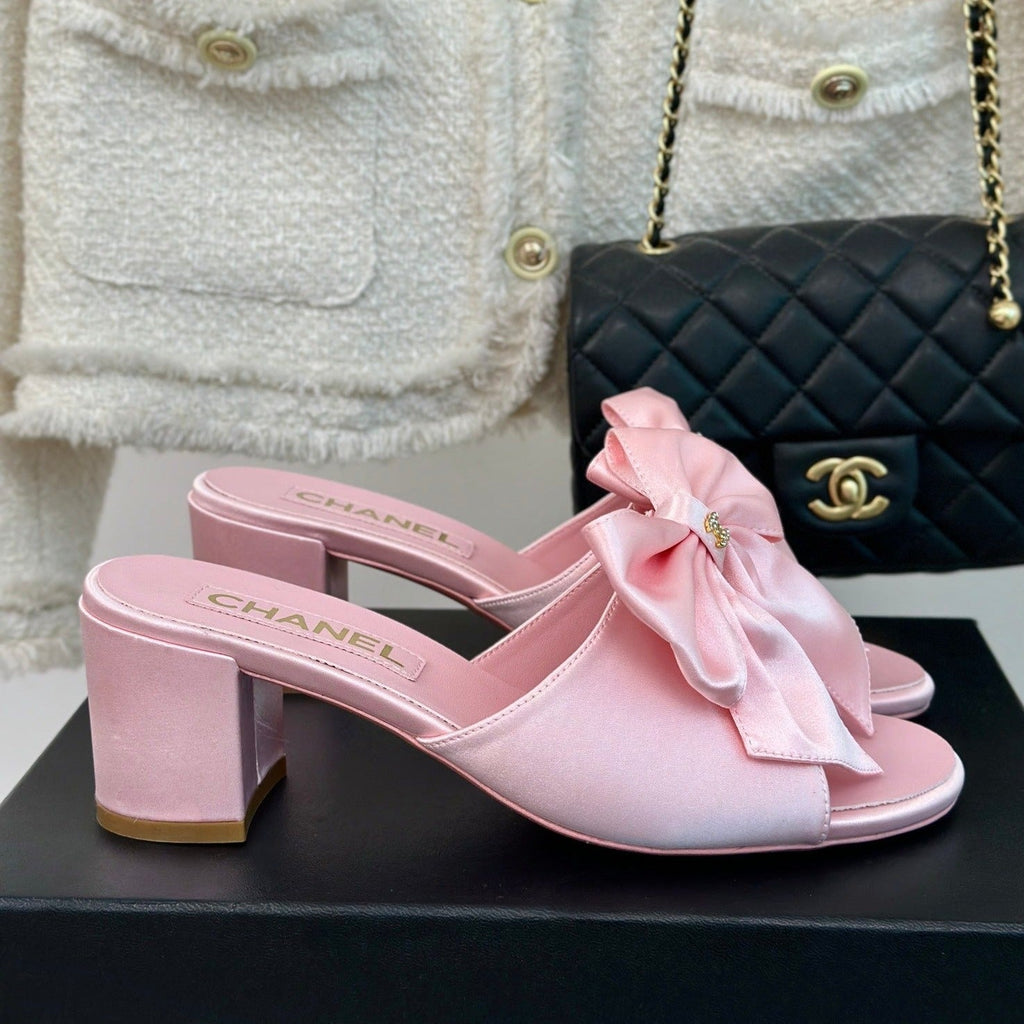 Chanel Double Big Bow High Heels Sheepskin Light Pink