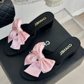 Chanel Double Big Bow High Heels Sheepskin Light Pink / Black