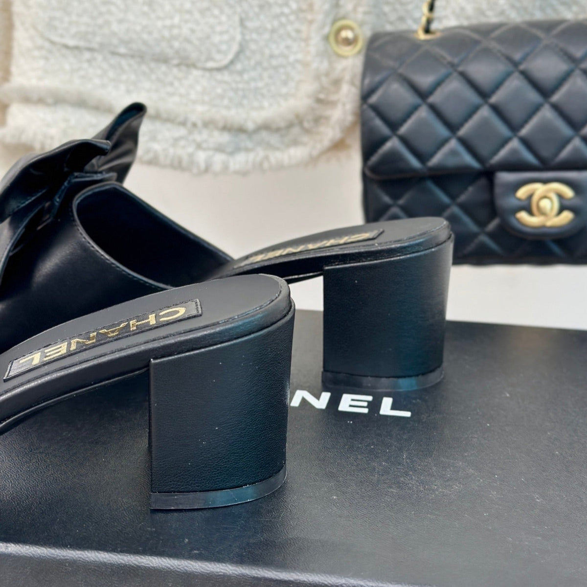 Chanel Double Big Bow High Heels Sheepskin Black