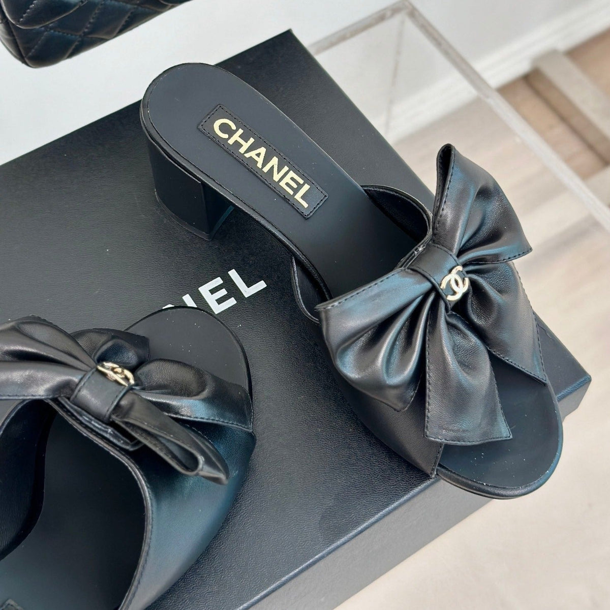 Chanel Double Big Bow High Heels Sheepskin Black