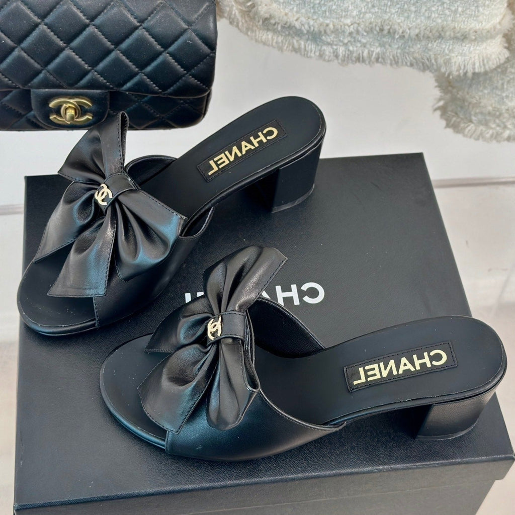 Chanel Double Big Bow High Heels Sheepskin Black