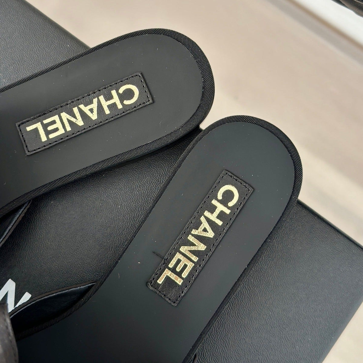 Chanel Double Big Bow Flat Sandals Sheepskin Black