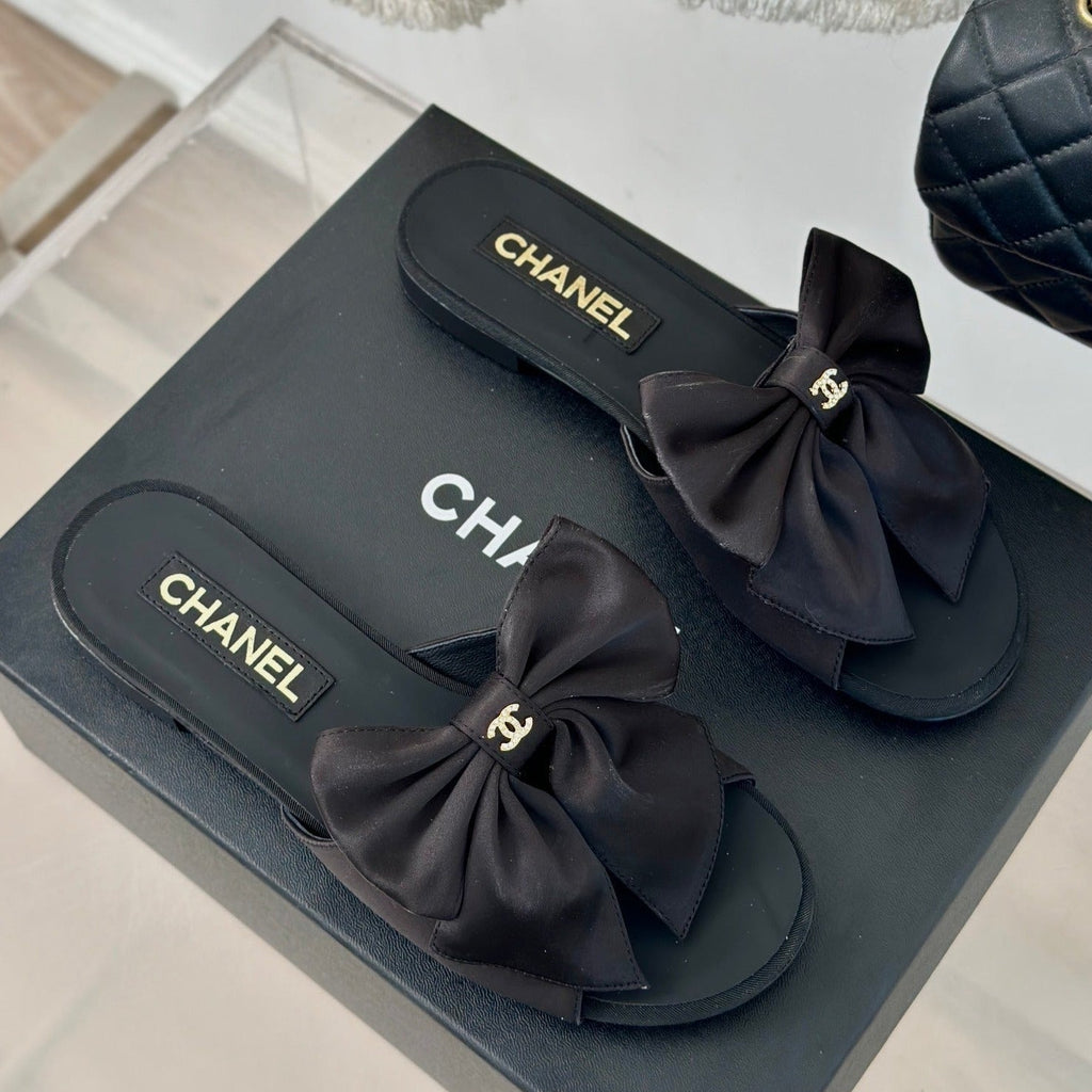 Chanel Double Big Bow Flat Sandals Sheepskin Black