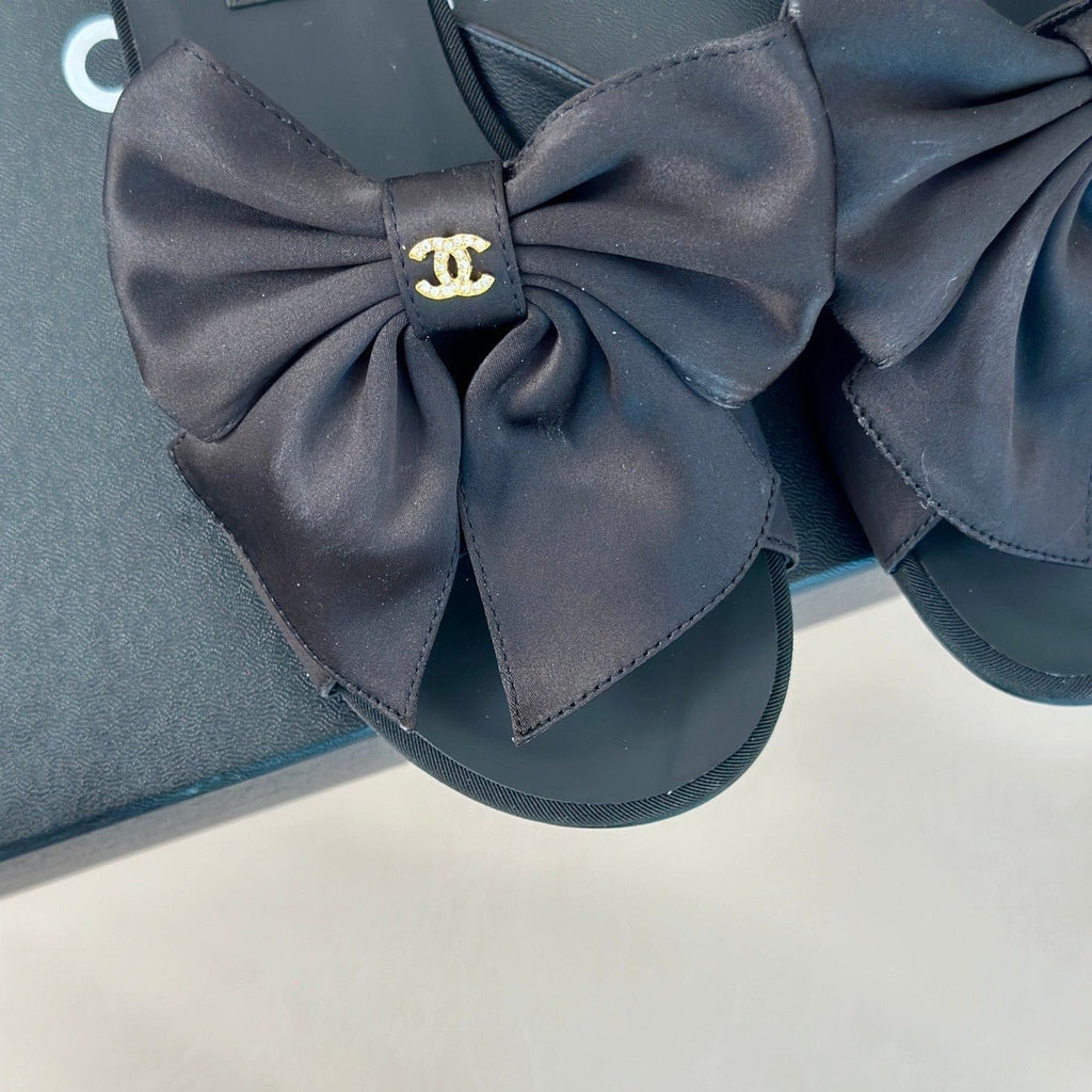 Chanel Double Big Bow Flat Sandals Sheepskin Black