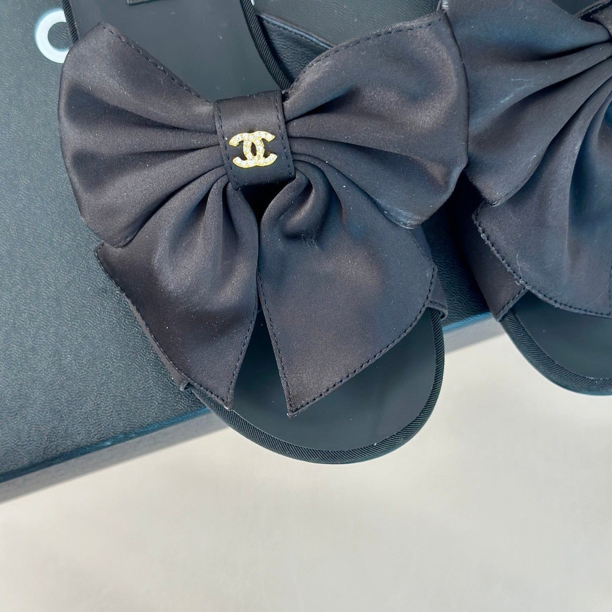 Chanel Double Big Bow Flat Sandals Sheepskin Black