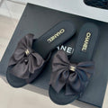 Chanel Double Big Bow Flat Sandals Sheepskin Black