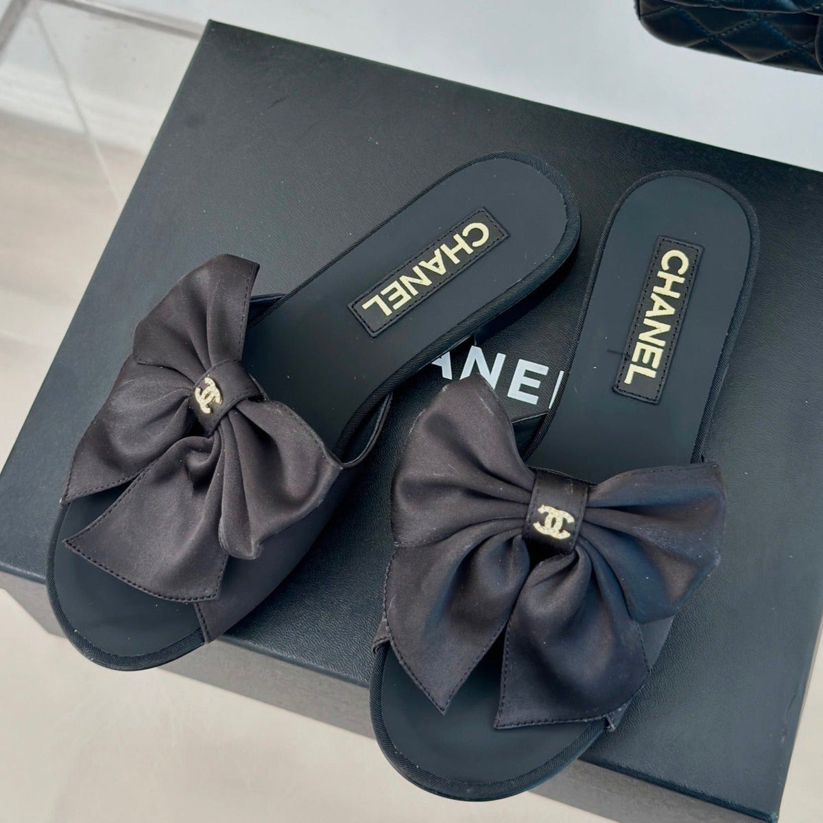 Chanel Double Big Bow Flat Sandals Sheepskin Black