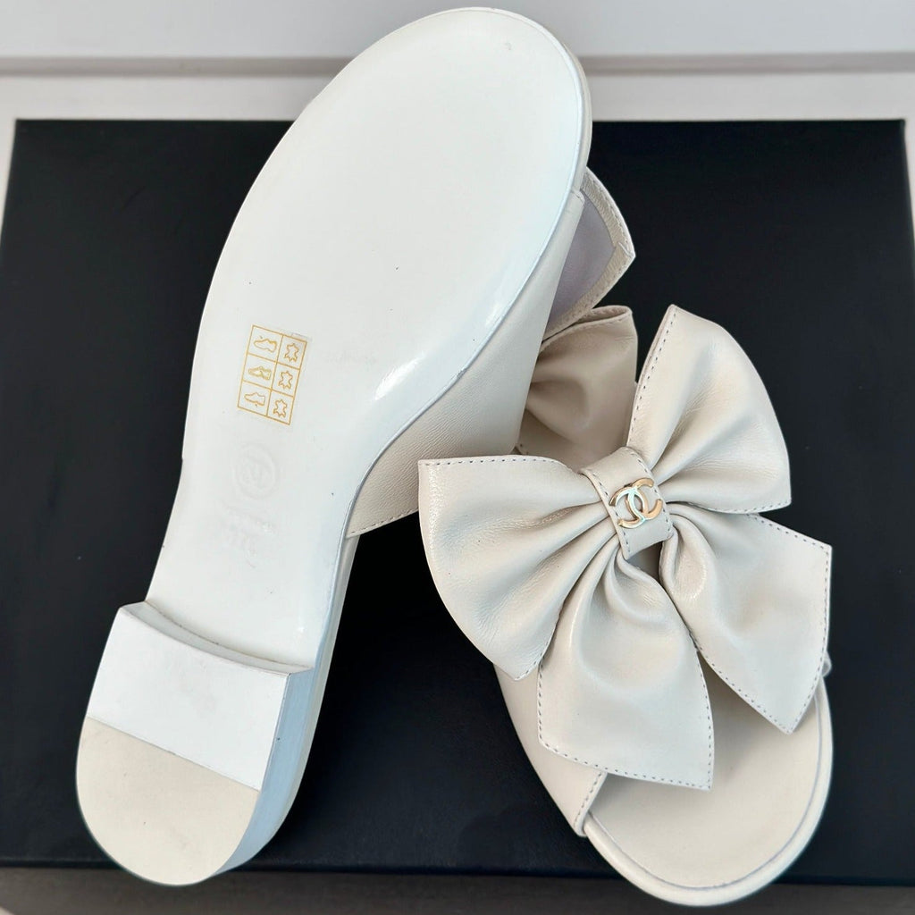 Chanel Double Big Bow Flat Sandals Sheepskin White Cream