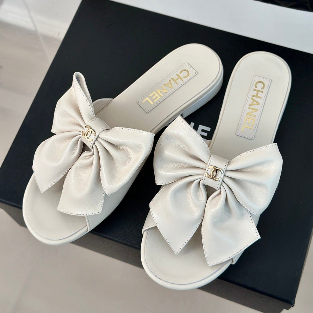 Chanel Double Big Bow Flat Sandals Sheepskin White Cream
