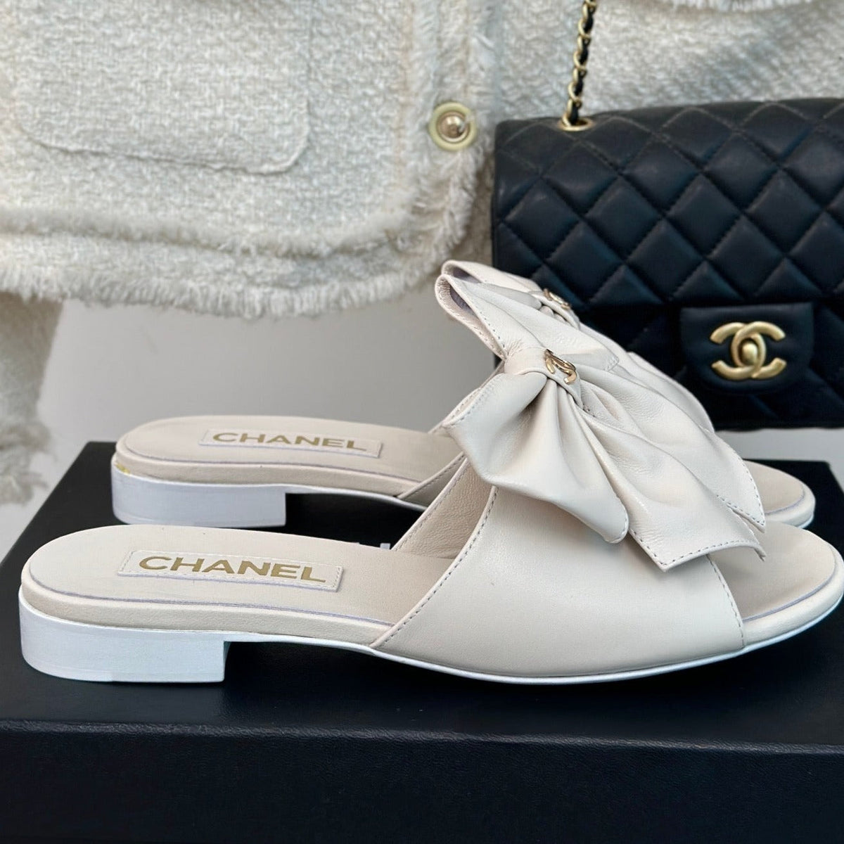 Chanel Double Big Bow Flat Sandals Sheepskin White Cream