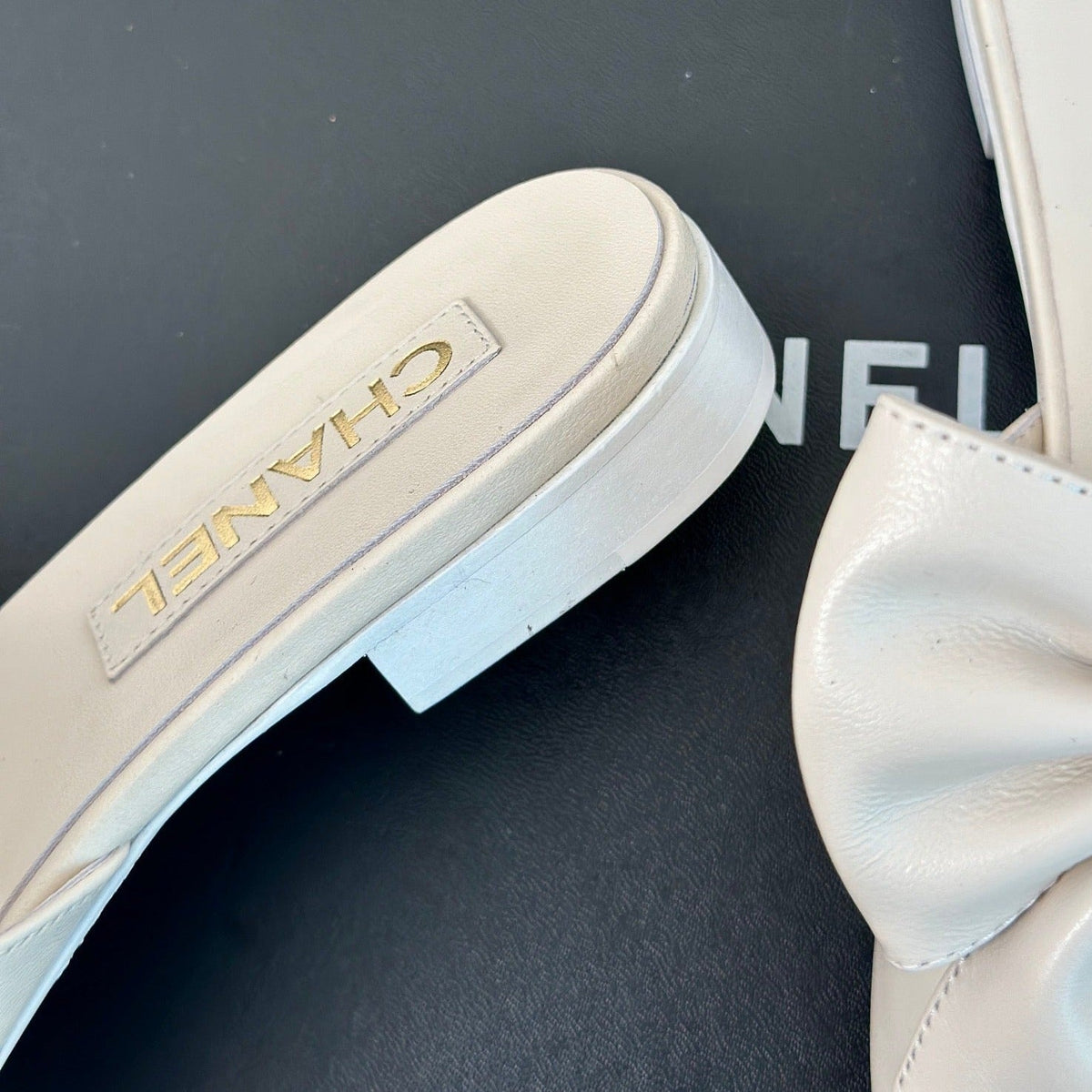 Chanel Double Big Bow Flat Sandals Sheepskin White Cream