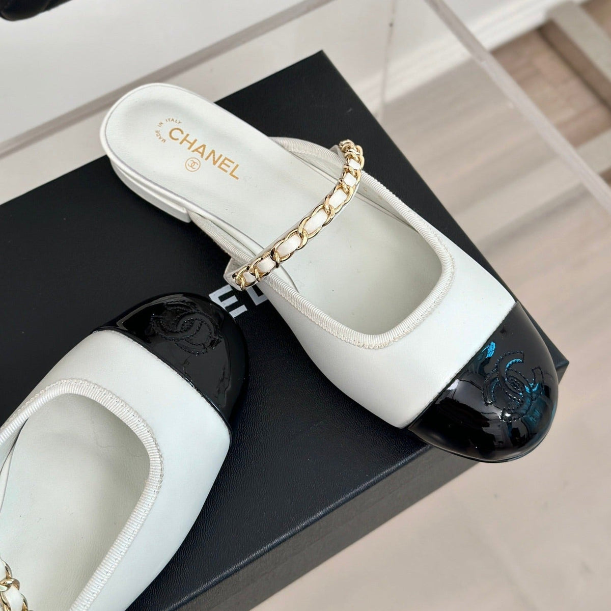 Chanel Double C Two-Tone Chain Mules White Lambskin