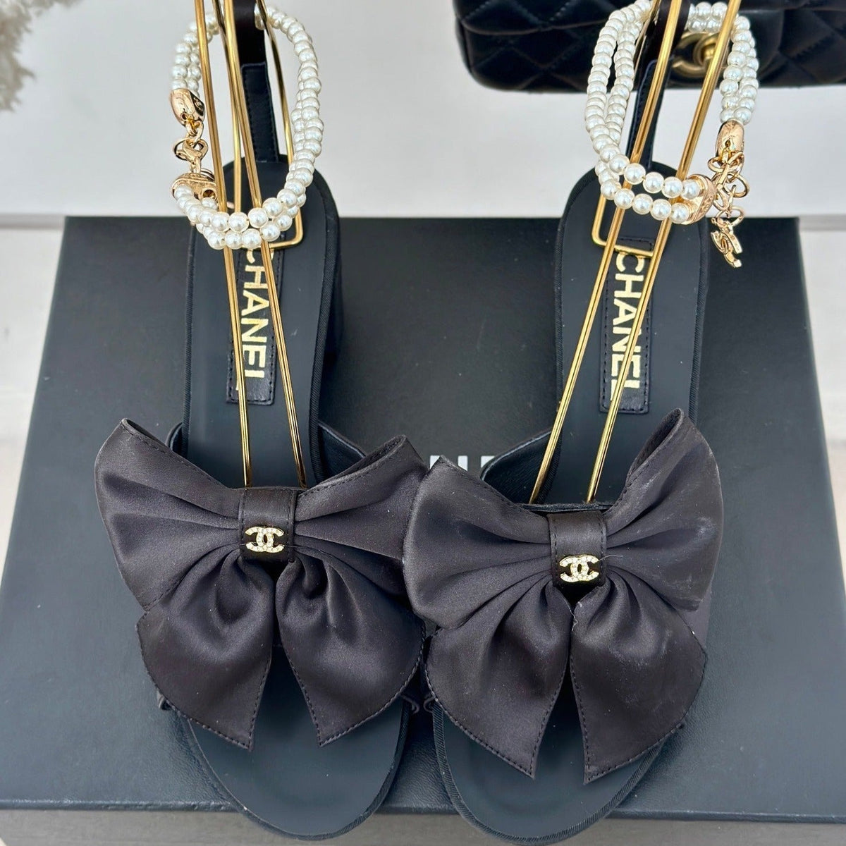 Chanel Double C Big Bow Pearl Chain High Sandals Black Lambskin