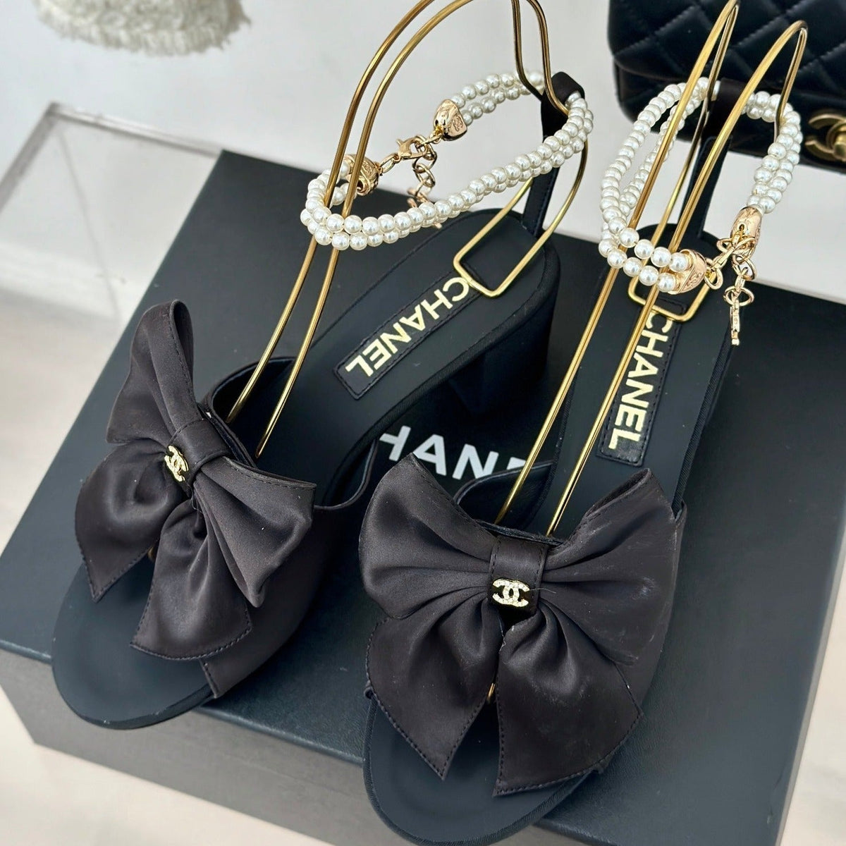 Chanel Double C Big Bow Pearl Chain High Sandals Black Lambskin