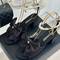 Chanel Double C Big Bow Pearl Chain High Sandals Black Lambskin