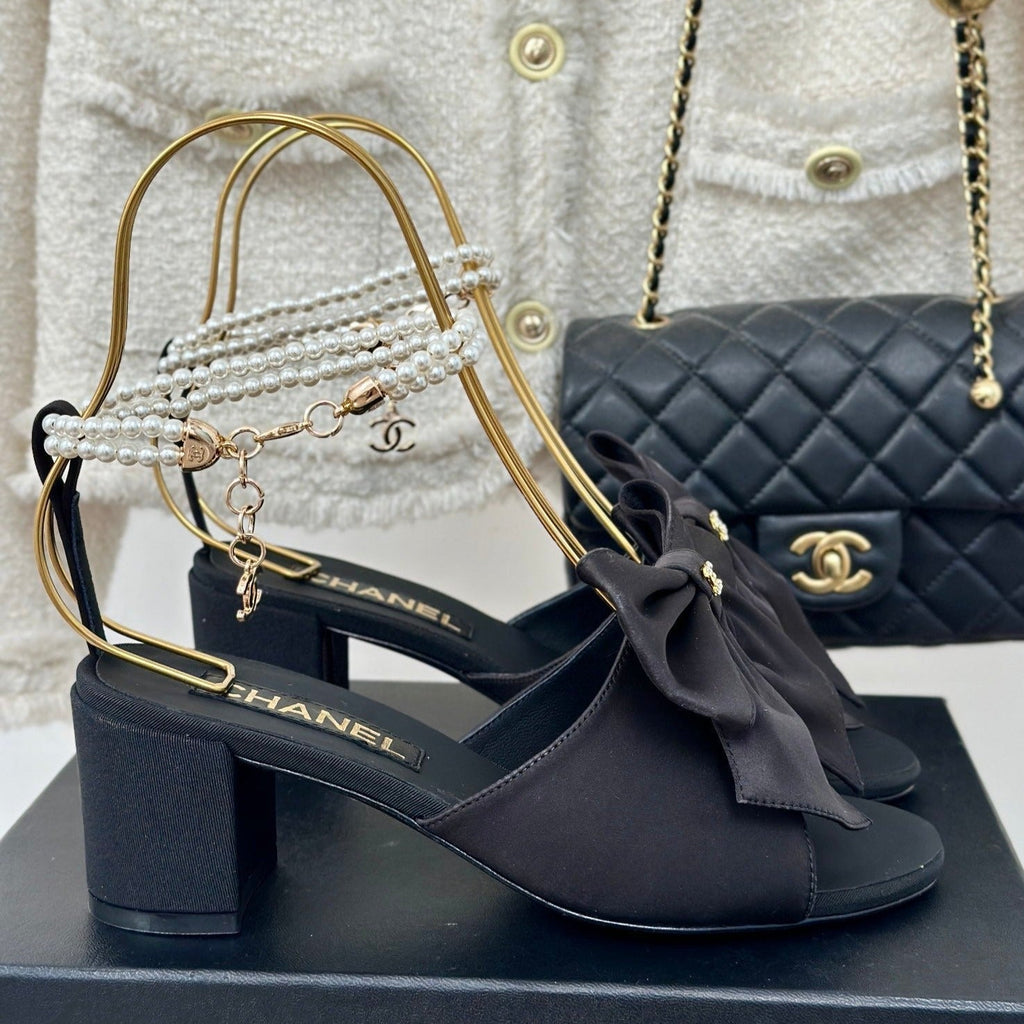 Chanel Double C Big Bow Pearl Chain High Sandals Black Lambskin