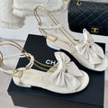 Chanel Double C Big Bow Pearl Chain Sandals White Lambskin