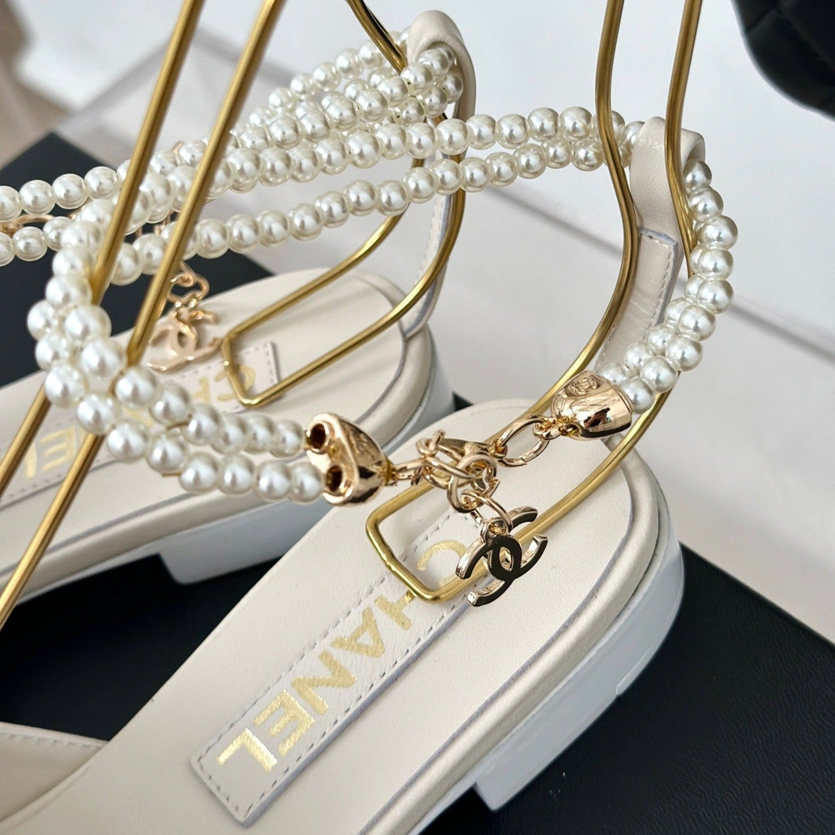 Chanel Double C Big Bow Pearl Chain Sandals White Lambskin