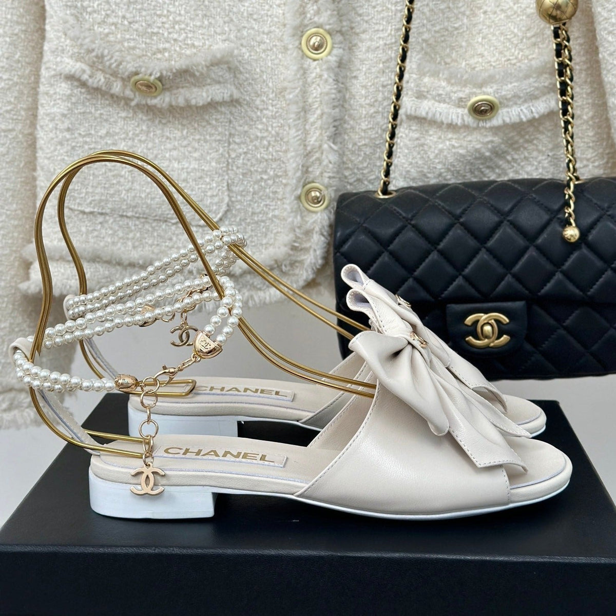 Chanel Double C Big Bow Pearl Chain Sandals White Lambskin