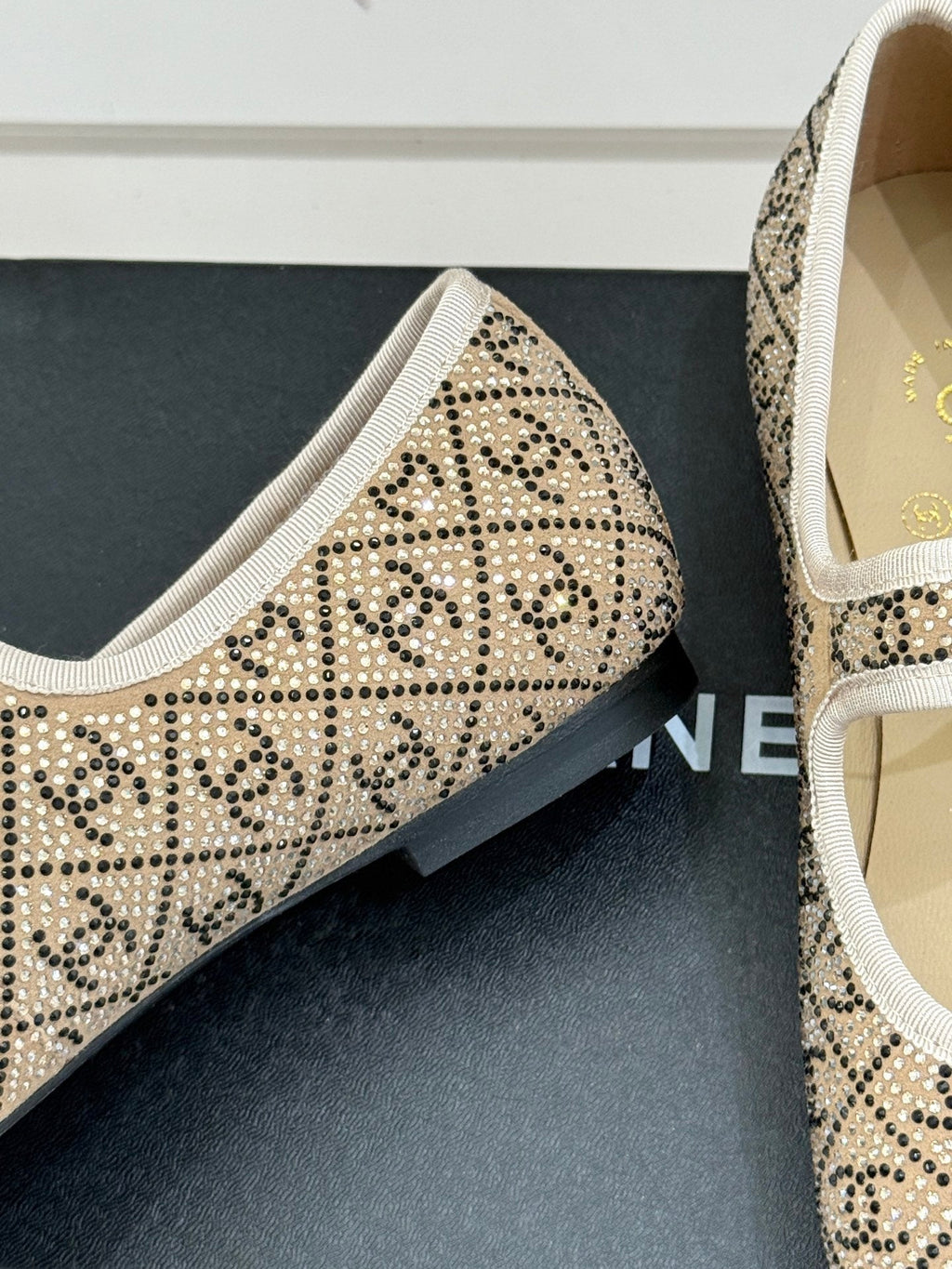 Chanel Flat Mary Jane 25SS in Beige Embellished with Rhinestones