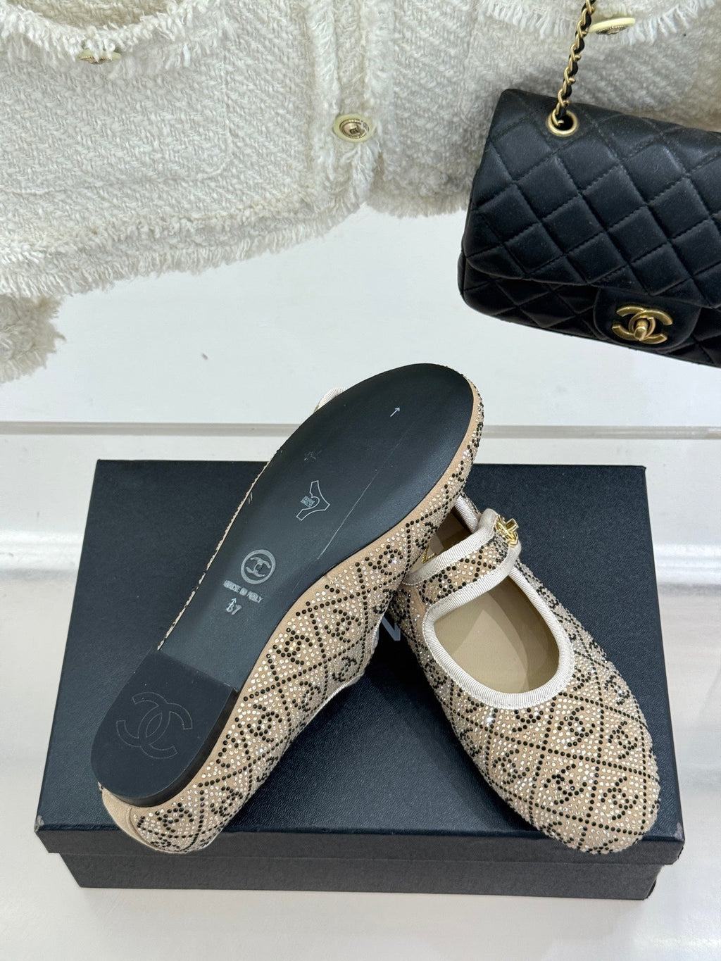 Chanel Flat Mary Jane 25SS in Beige Embellished with Rhinestones