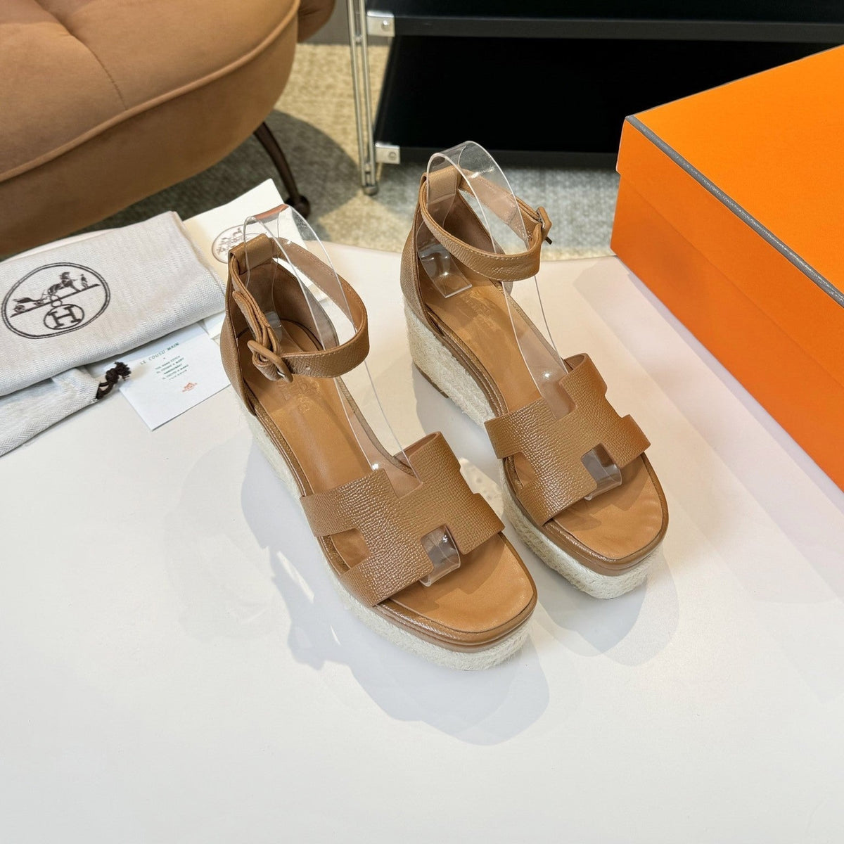 Hermes Elda Espadrille 80 Light Brown Epsom Calfskin