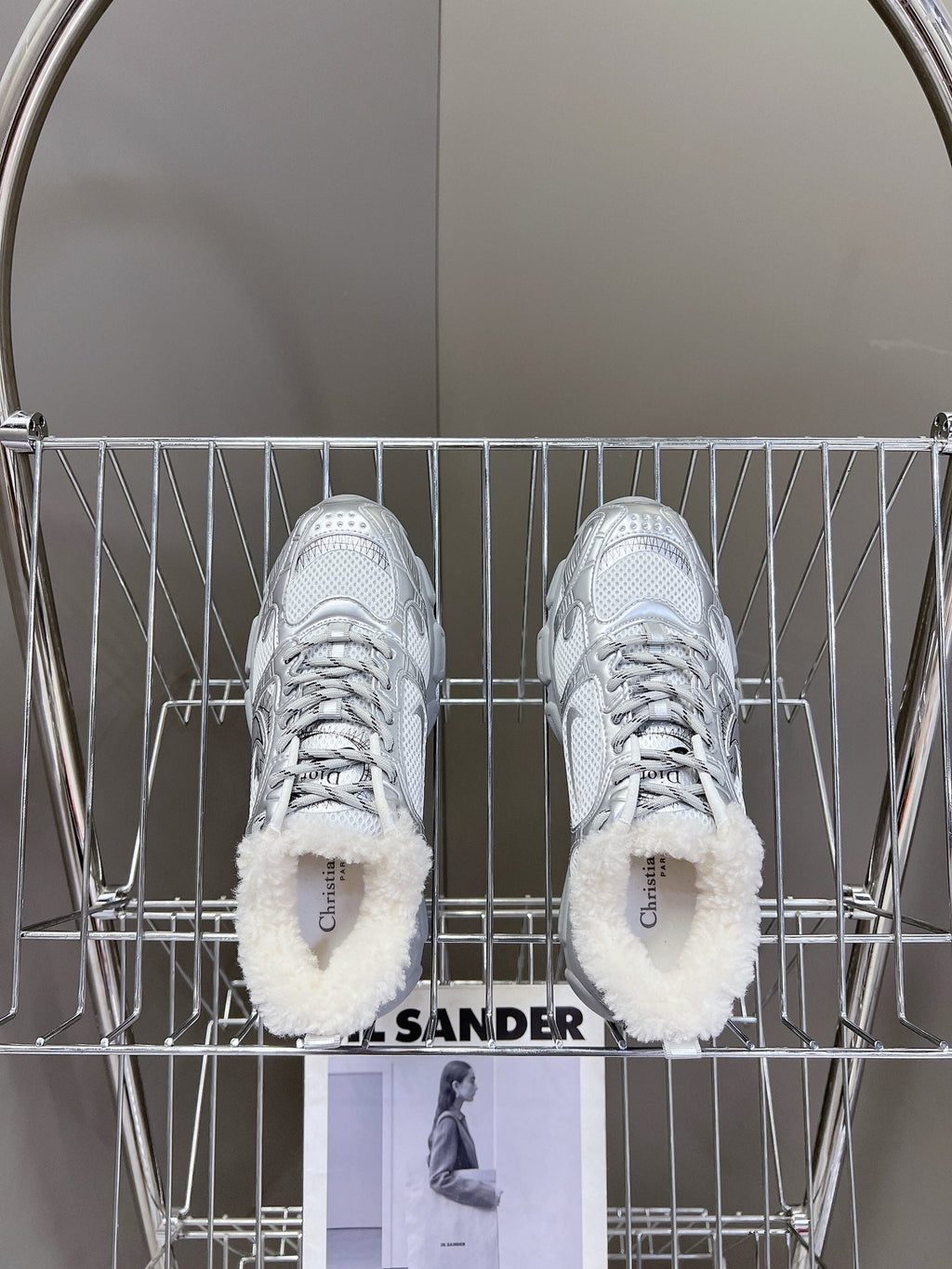 Dior Chrono Sneaker 25S in Silver Lambskin and Mesh Fabric Style 1