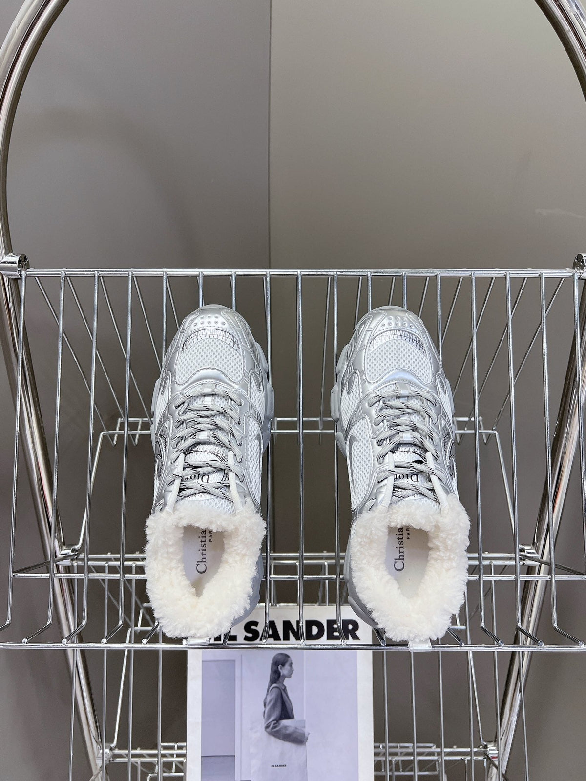 Dior Chrono Sneaker 25S in Silver Lambskin and Mesh Fabric Style 1