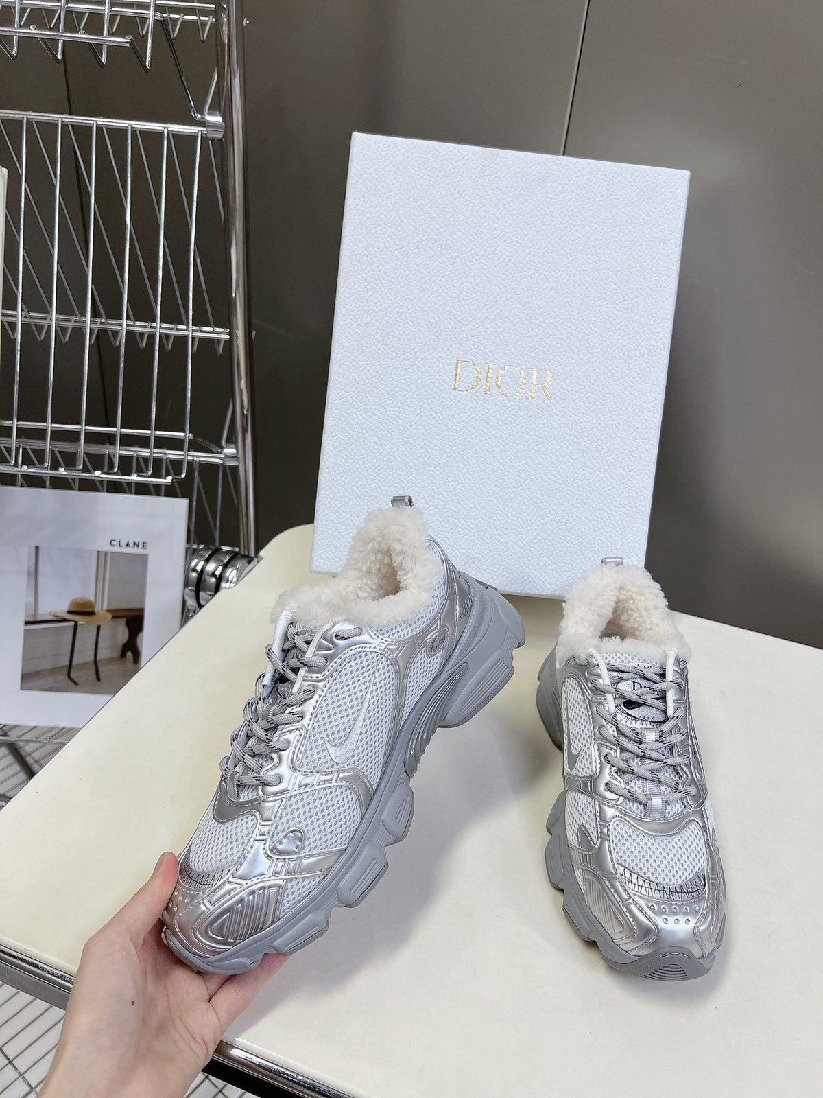 Dior Chrono Sneaker 25S in Silver Lambskin and Mesh Fabric Style 1