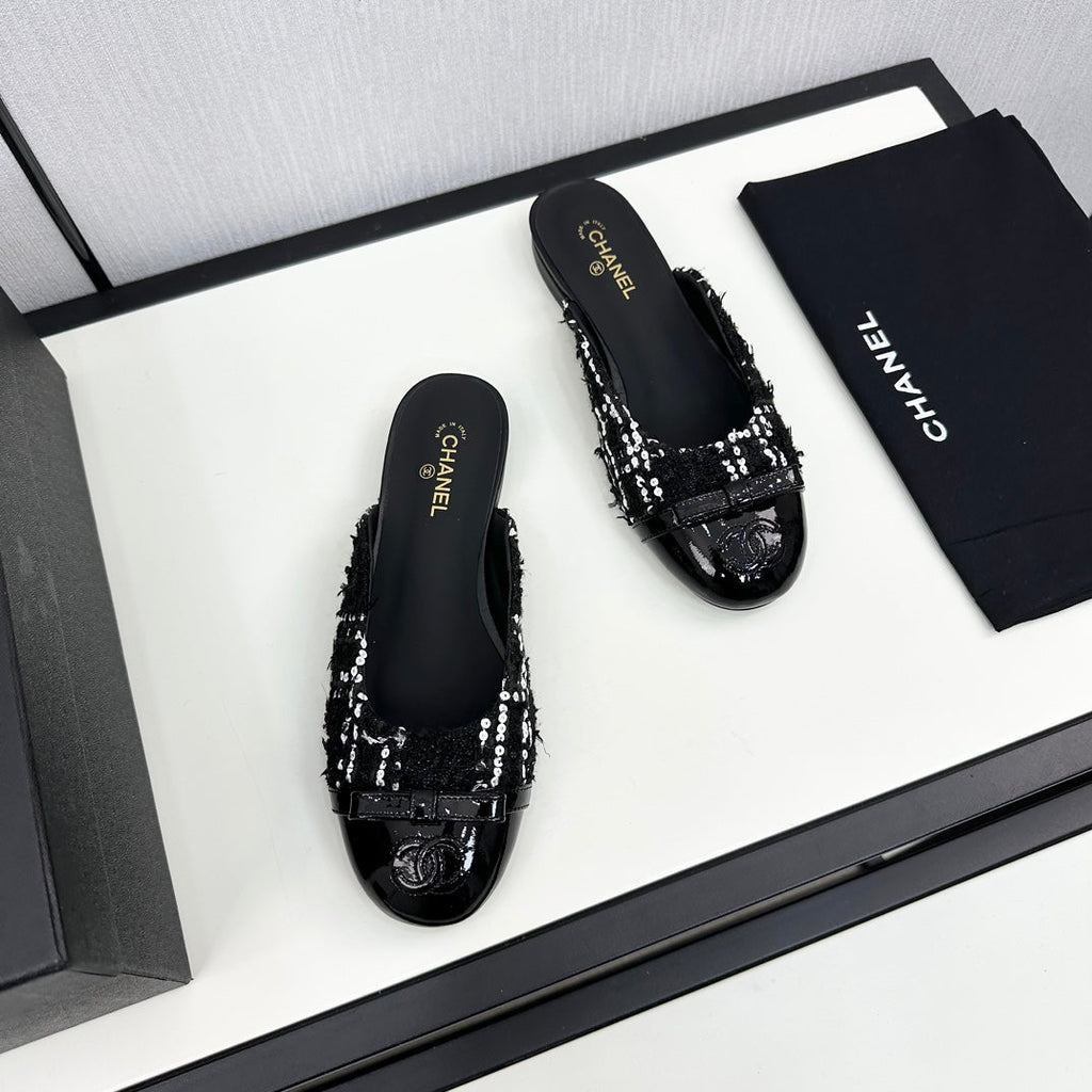 Chanel Bow Mule in Black Mix White Fur and Calfskin