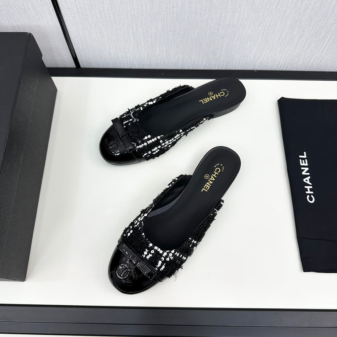 Chanel Bow Mule in Black Mix White Fur and Calfskin