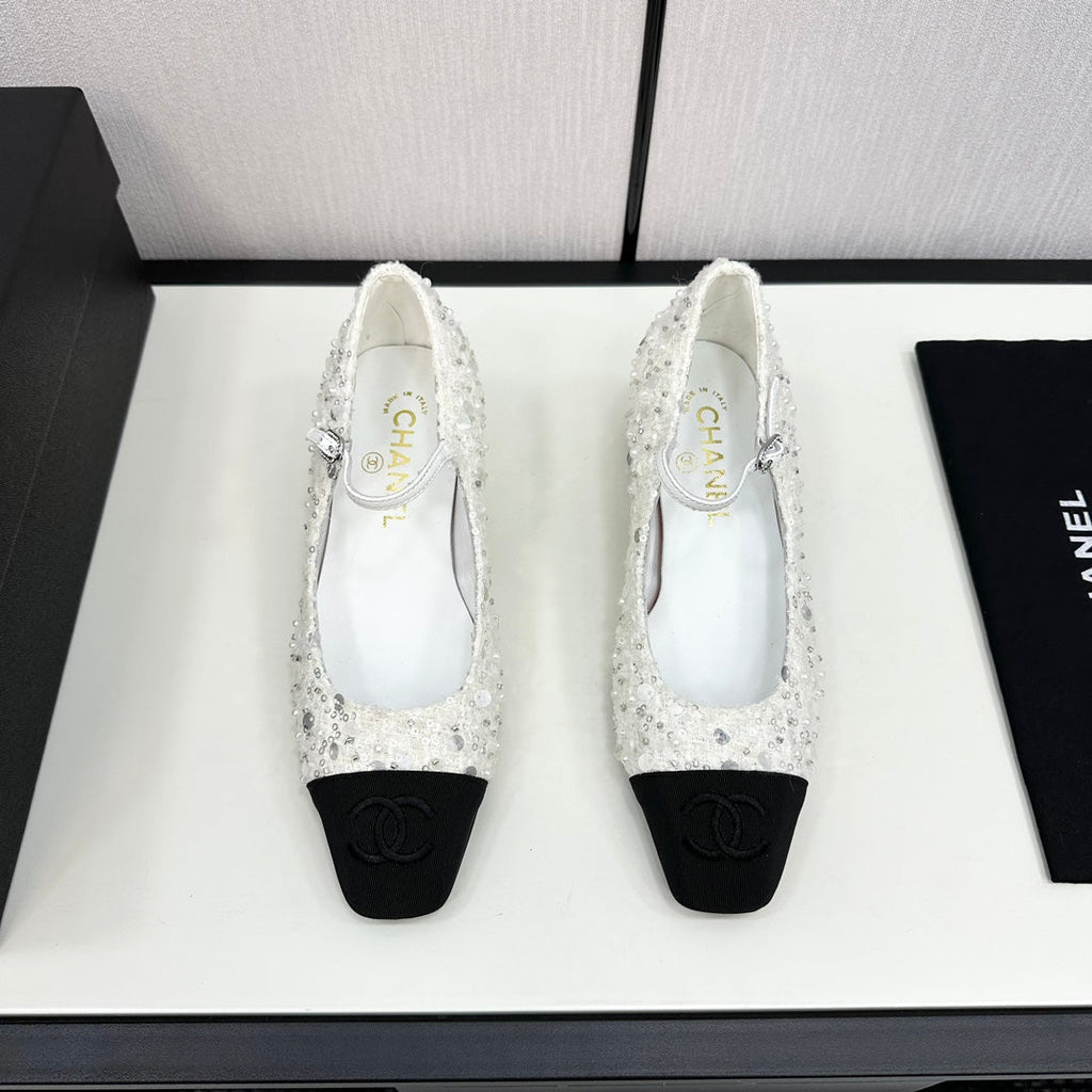 Chanel Mary Jane in Black Mix White Sequins and Velvet