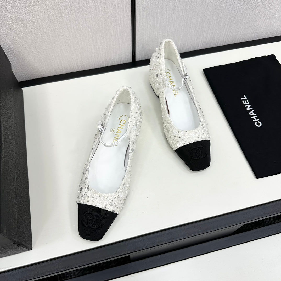 Chanel Mary Jane in Black Mix White Sequins and Velvet