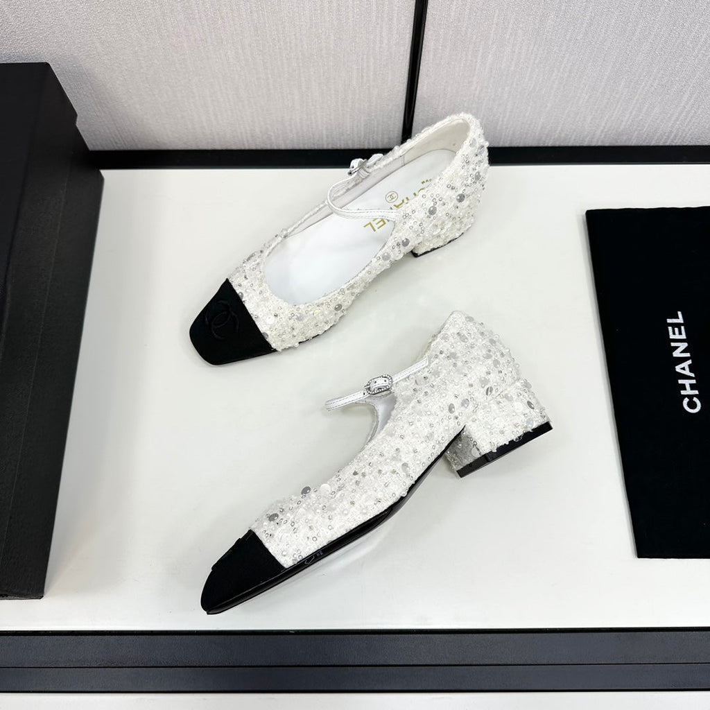 Chanel Mary Jane in Black Mix White Sequins and Velvet