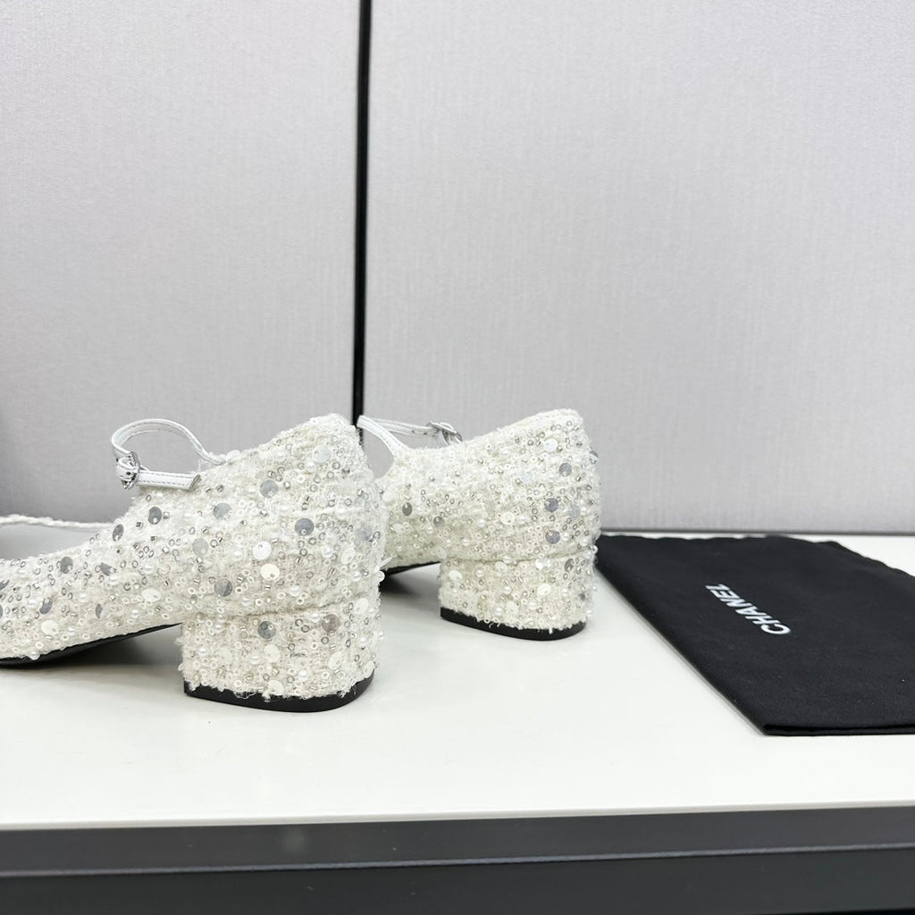 Chanel Mary Jane in Black Mix White Sequins and Velvet